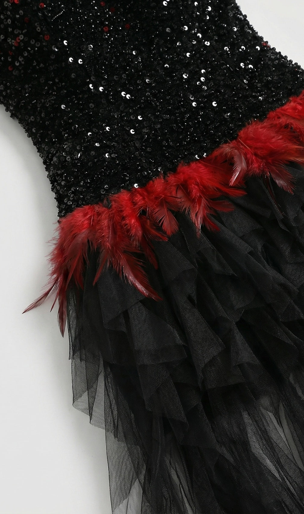 Jainna Black Sequin & Red Feather Strapless Mesh Maxi Gown - Evening Glamour