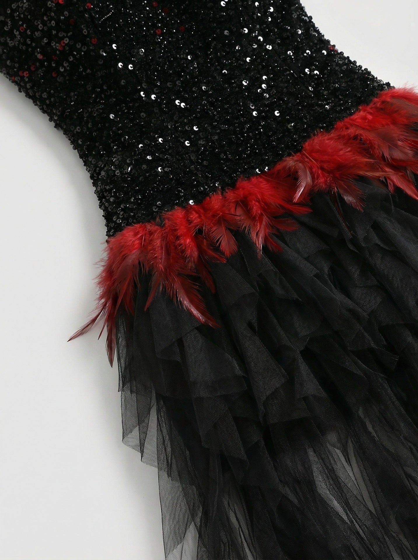 Jainna Black Sequin & Red Feather Strapless Mesh Maxi Gown - Evening Glamour