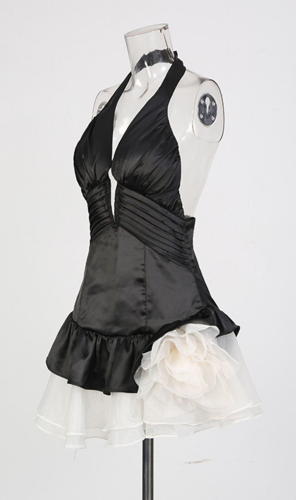 Keren Halter Deep V Mini Dress - Black & Red Blooming Rose Skirt
