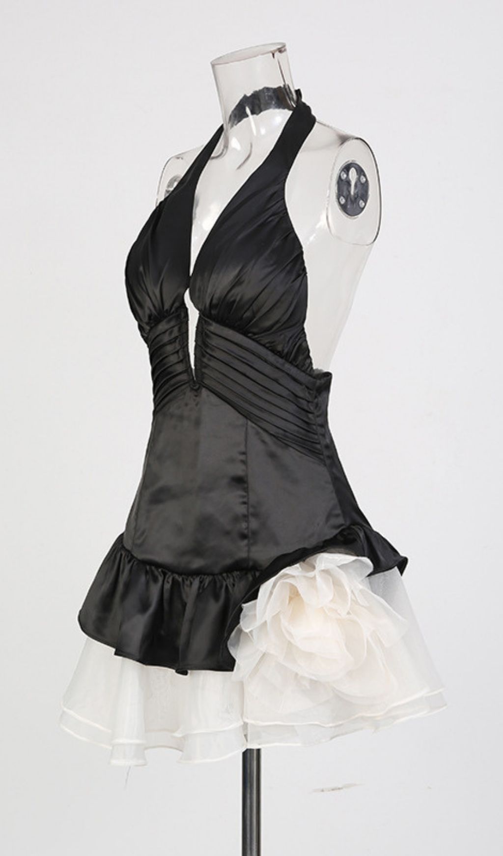 Keren Halter Deep V Mini Dress - Black & Red Blooming Rose Skirt