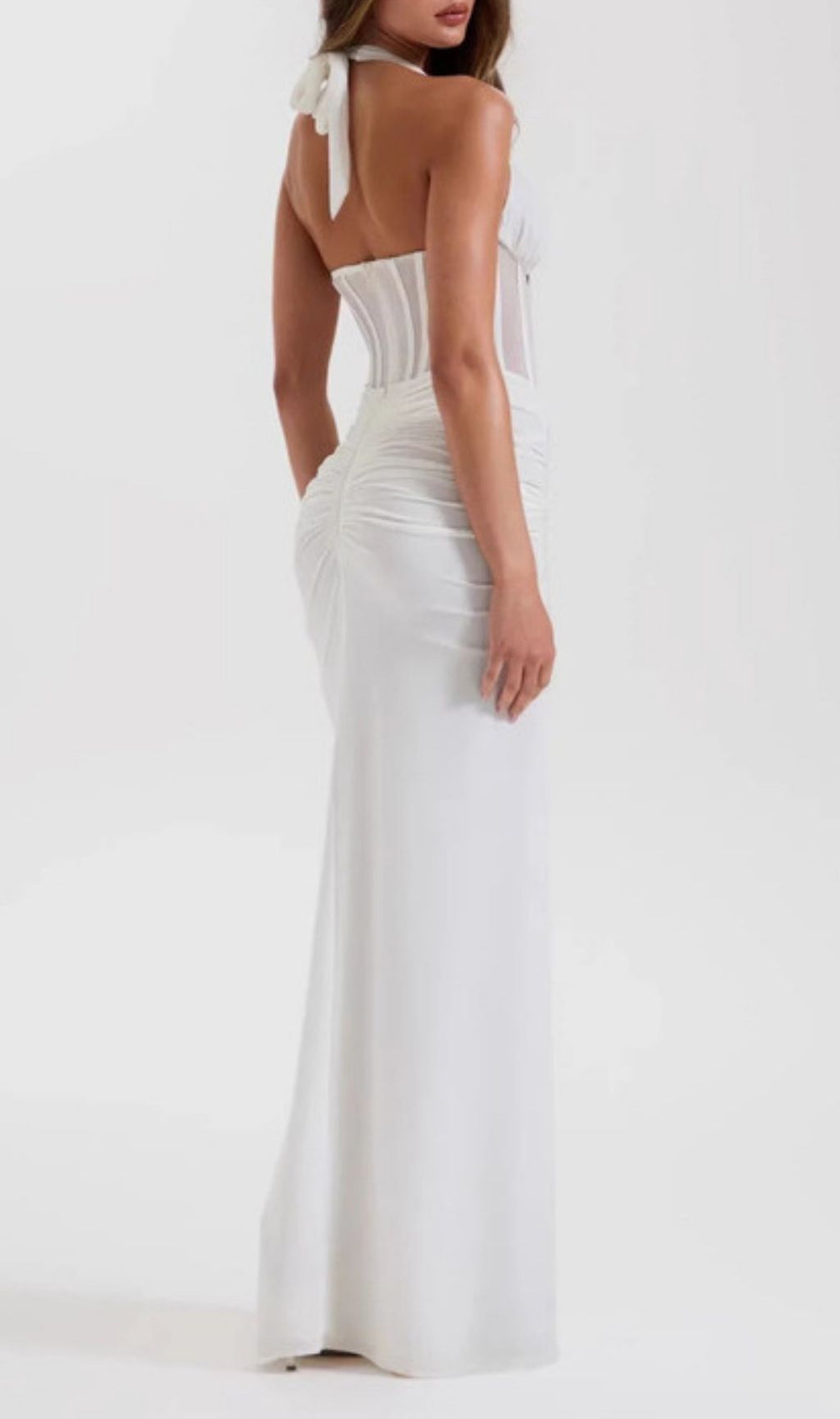 Kezia Elegant White Halter Corset Ruched Maxi Dress - Bridal & Special Occasions