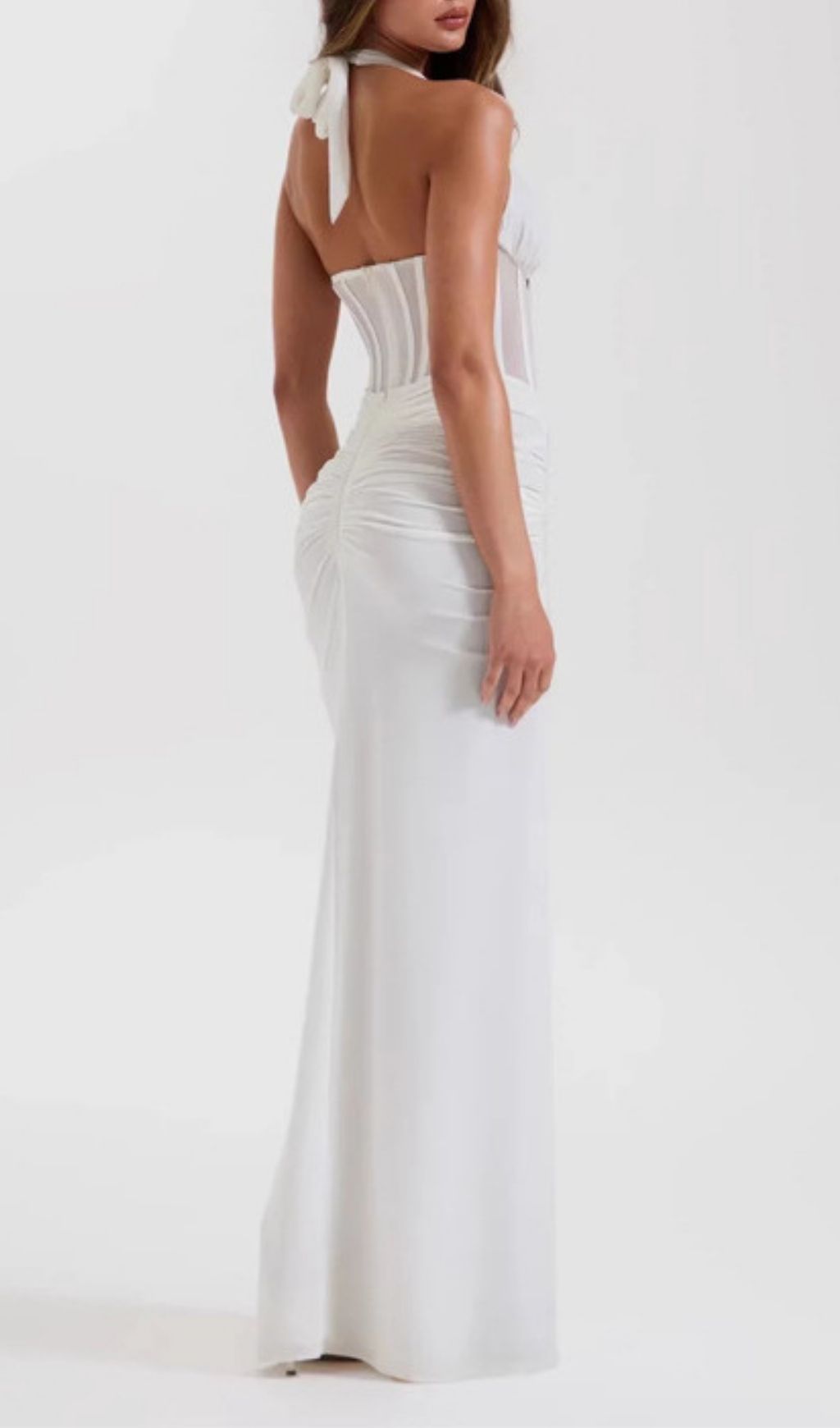 Kezia Elegant White Halter Corset Ruched Maxi Dress - Bridal & Special Occasions