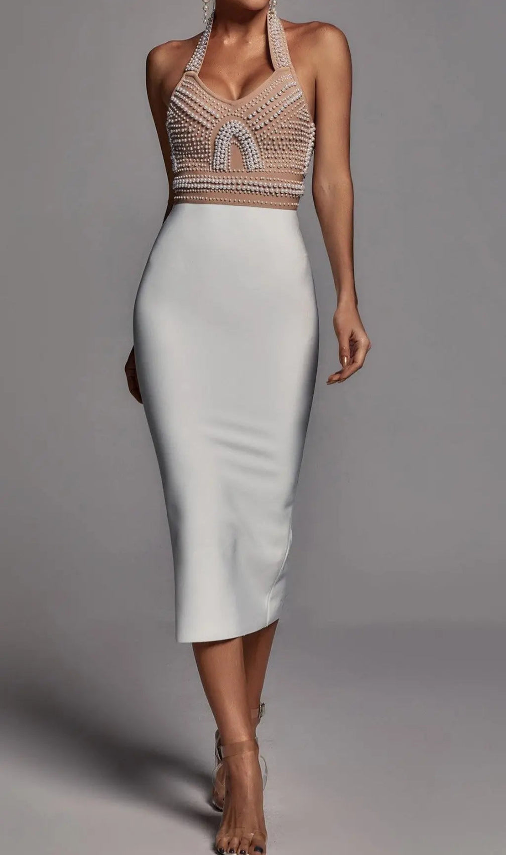 Beige Pearl Halter Bandage Midi Dress