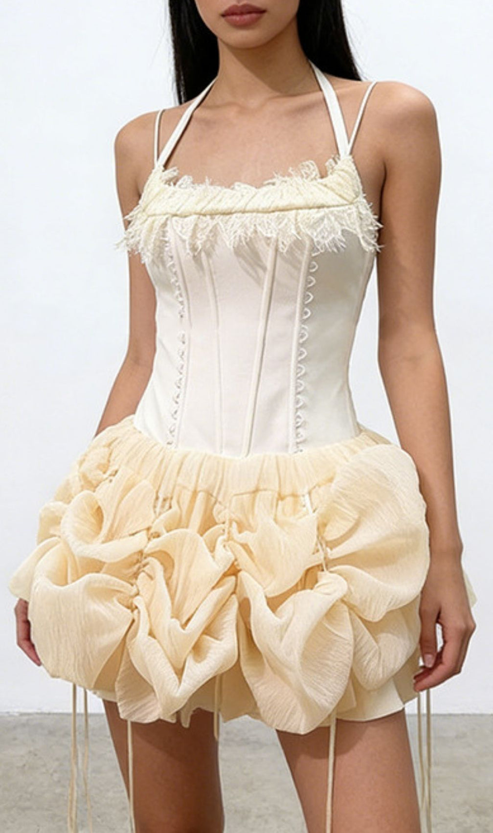 Kenya Apricot Dream Corset Mini Dress - Whimsical Ruffles & Sculpting Halter Neck