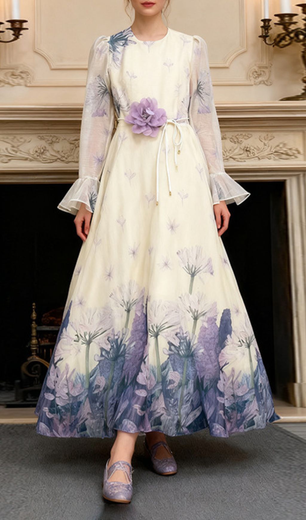 Isadore Elegant Floral Maxi Dress - Long Sleeve Chiffon Gown with Flower Belt