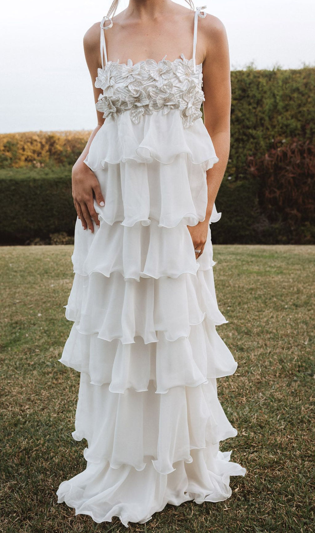 Fauve White Flower Tiered Maxi Dress