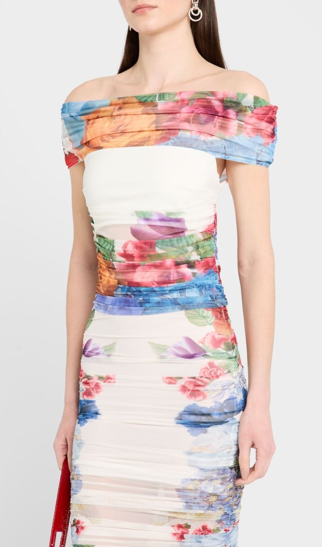 Jolisa Floral Mesh Off-Shoulder Midi Dress Set - Ruched Bodycon Style