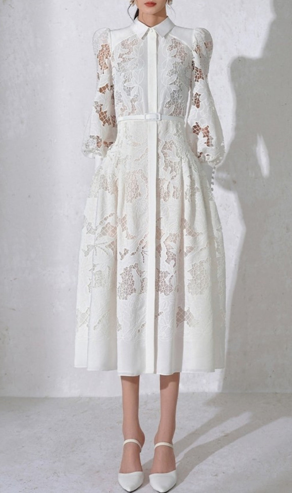 White Lace Embroidered Full Hem Midi Dress