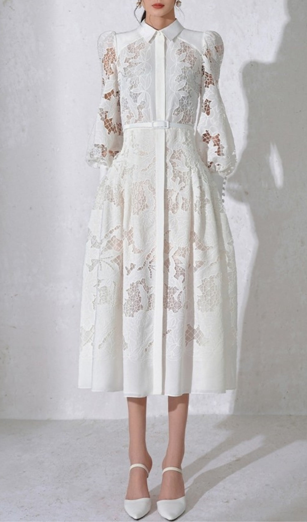 White Lace Embroidered Full Hem Midi Dress