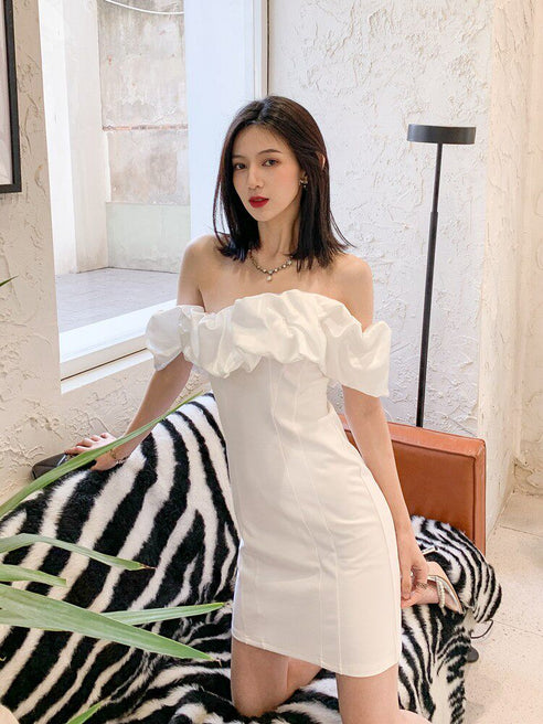 Elegant White Ruffled Off-Shoulder Satin Mini Dress - Chic Cocktail & Party Ready