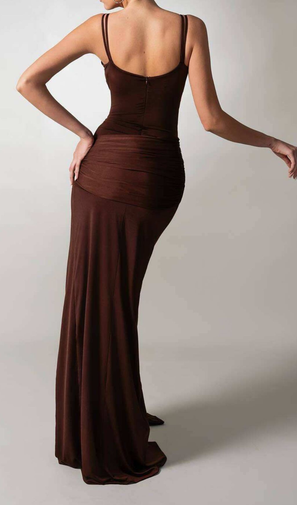 Grazina Coffee Ruched Strap Maxi Dress