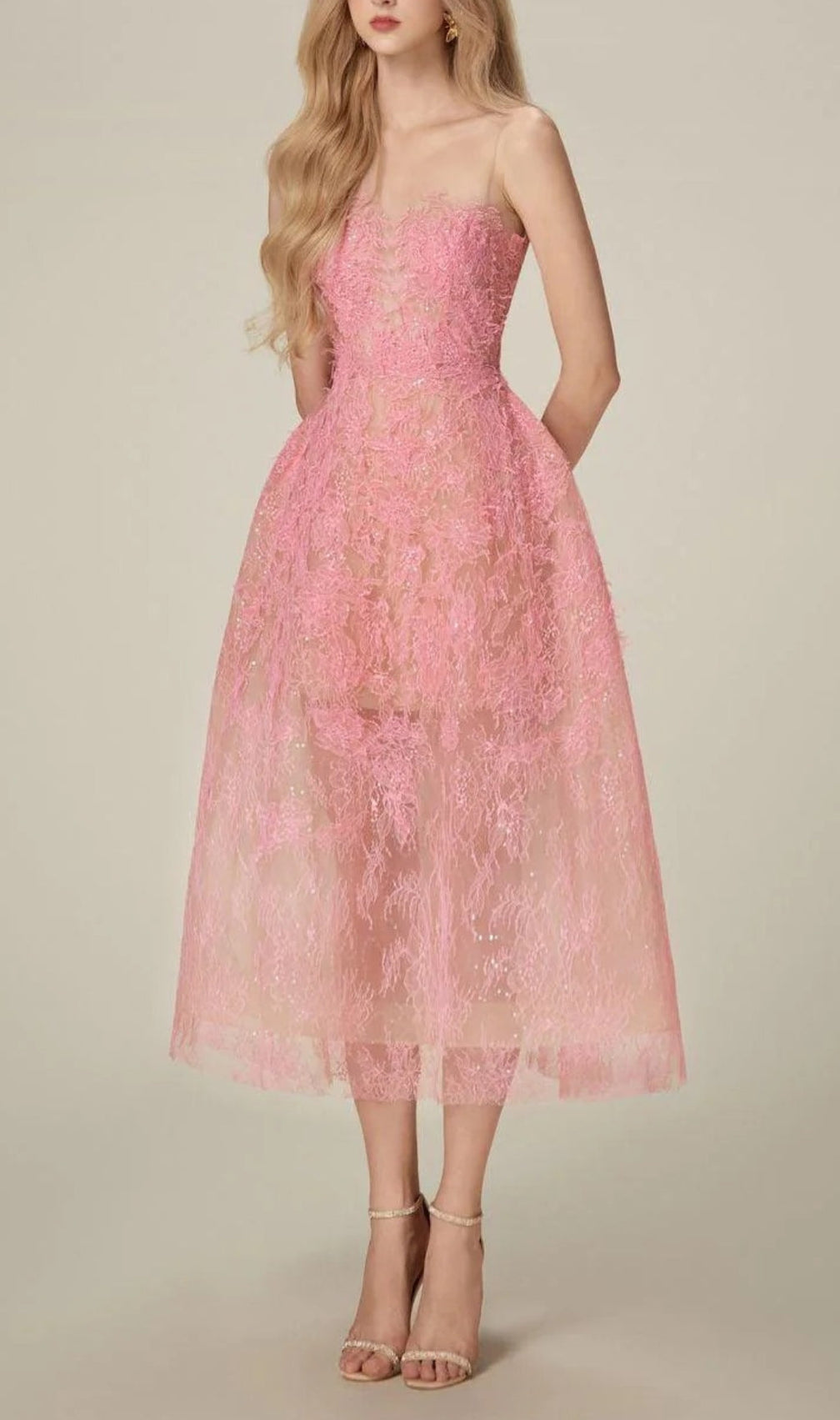 Allyson Pink Floral Lace Embroider Midi Dress