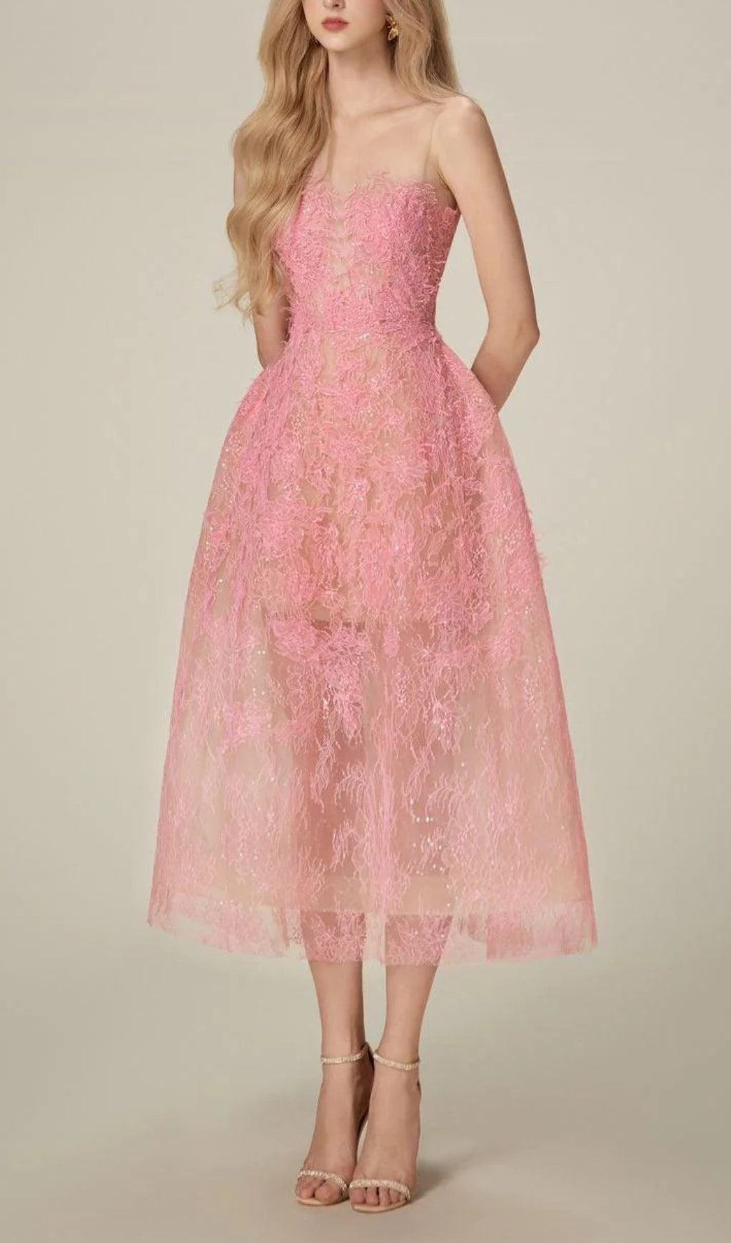 Allyson Pink Floral Lace Embroider Midi Dress