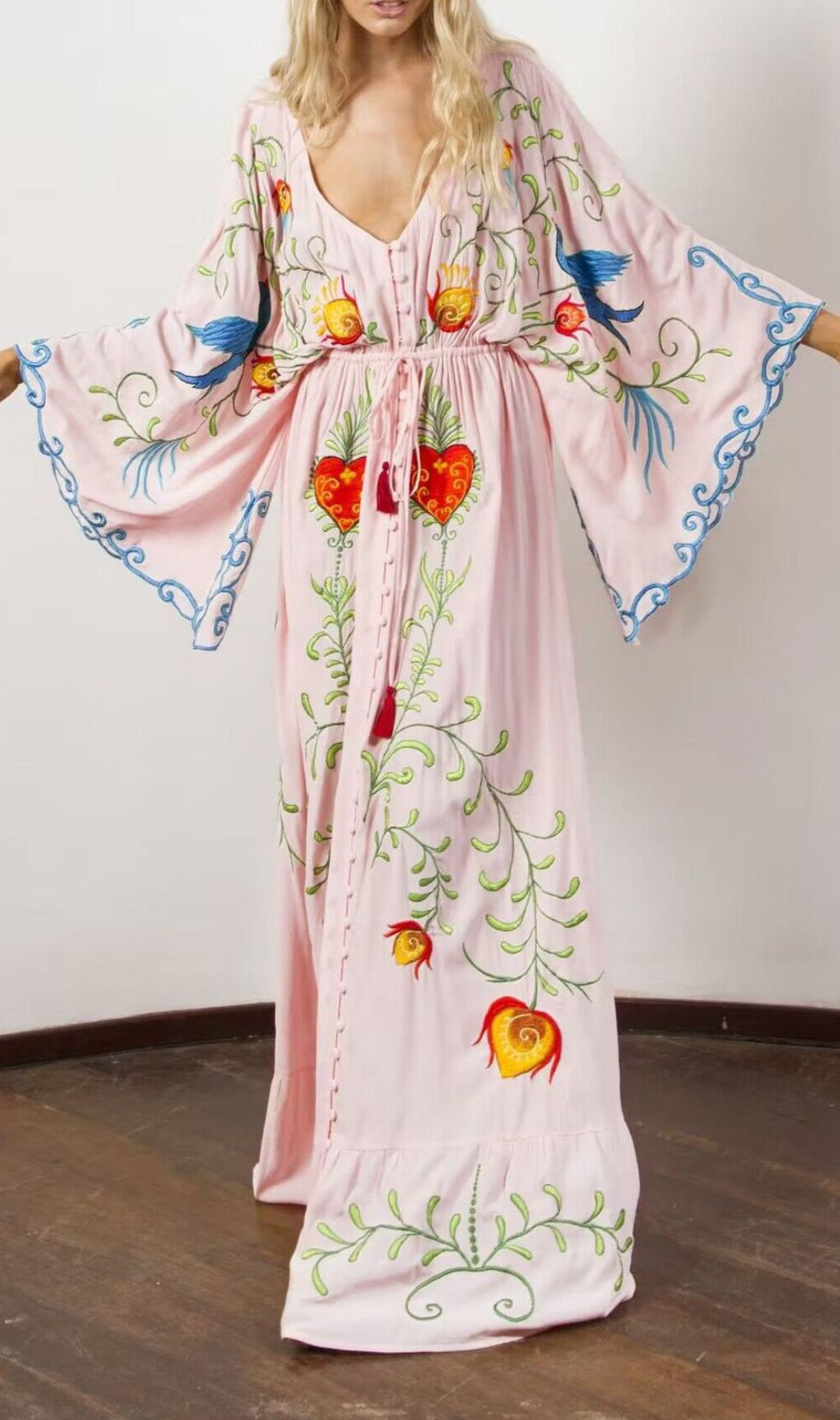 Gita Flower Embroidery Long Sleeve Maxi Dress