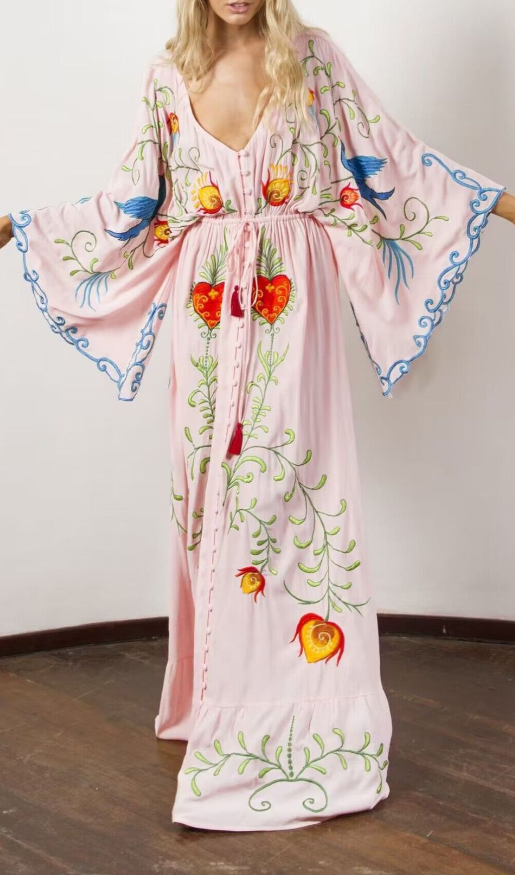 Gita Flower Embroidery Long Sleeve Maxi Dress