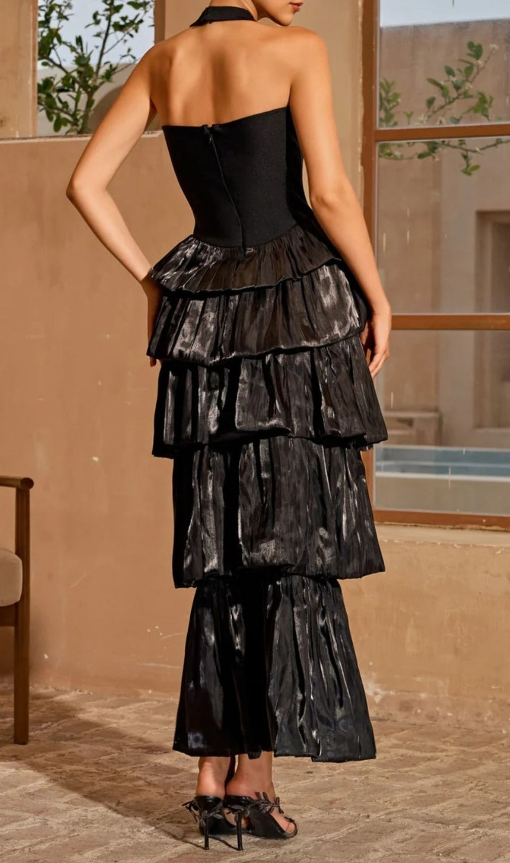 Karev Glamorous Halterneck Metallic Tiered Maxi Dress - Shimmer & Shine