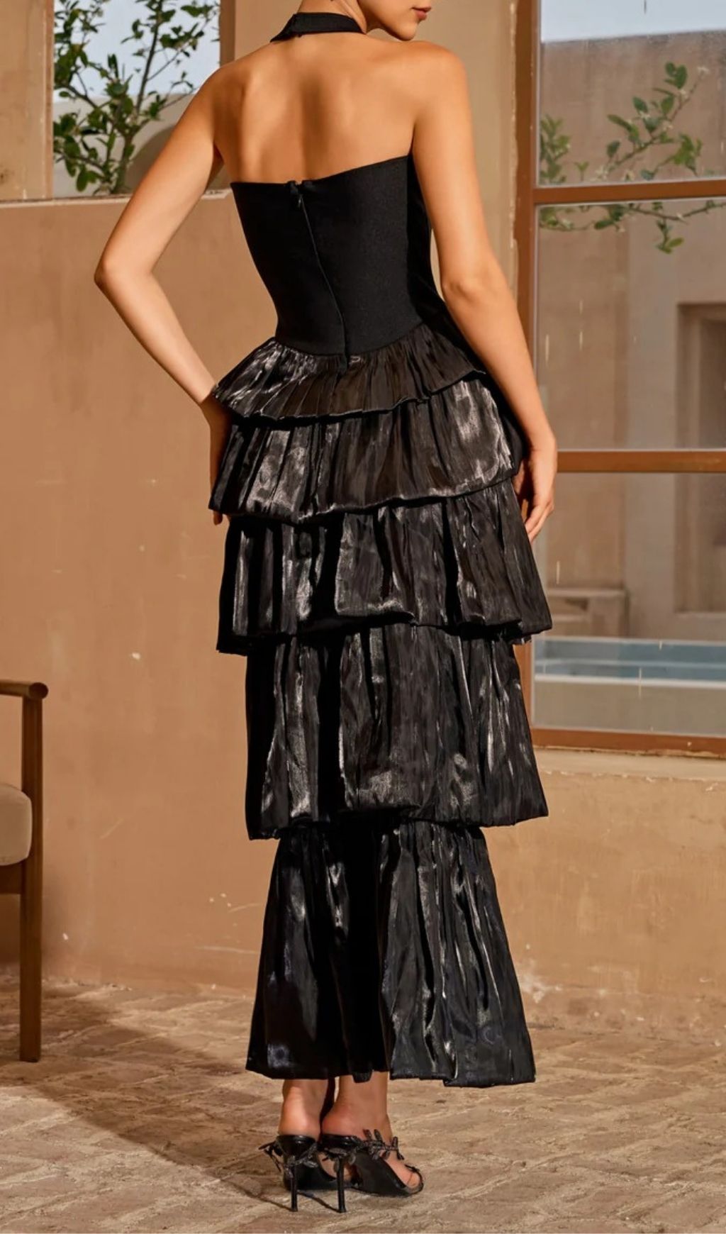 Karev Glamorous Halterneck Metallic Tiered Maxi Dress - Shimmer & Shine