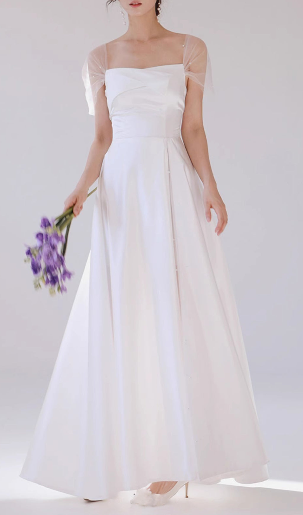 Columnia White Satin Mesh Wedding Dress