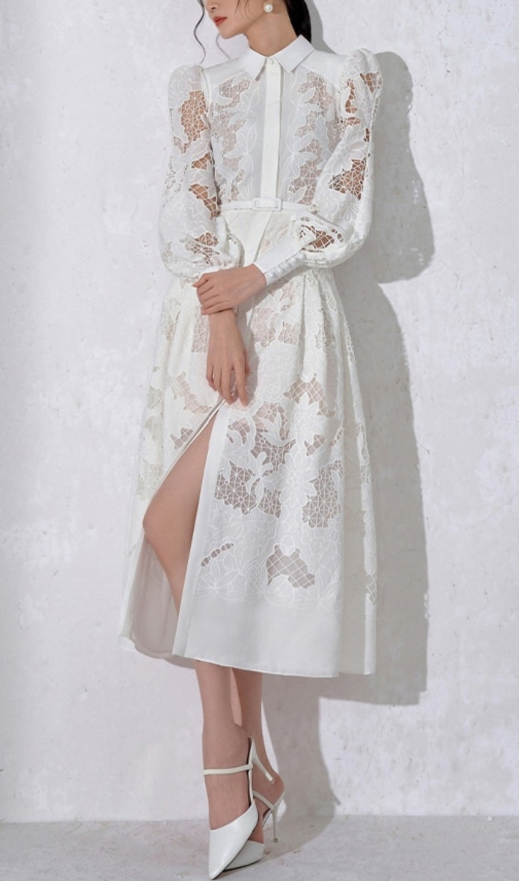 White Lace Embroidered Full Hem Midi Dress