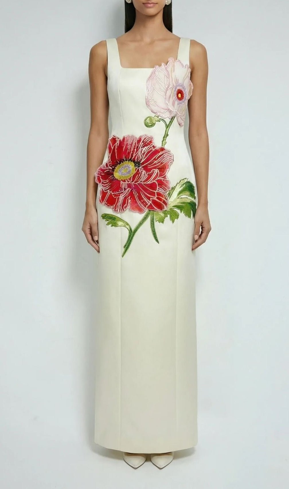 Karin Elegant Floral Embroidered Maxi Dress - Strappy Square Neck Gown