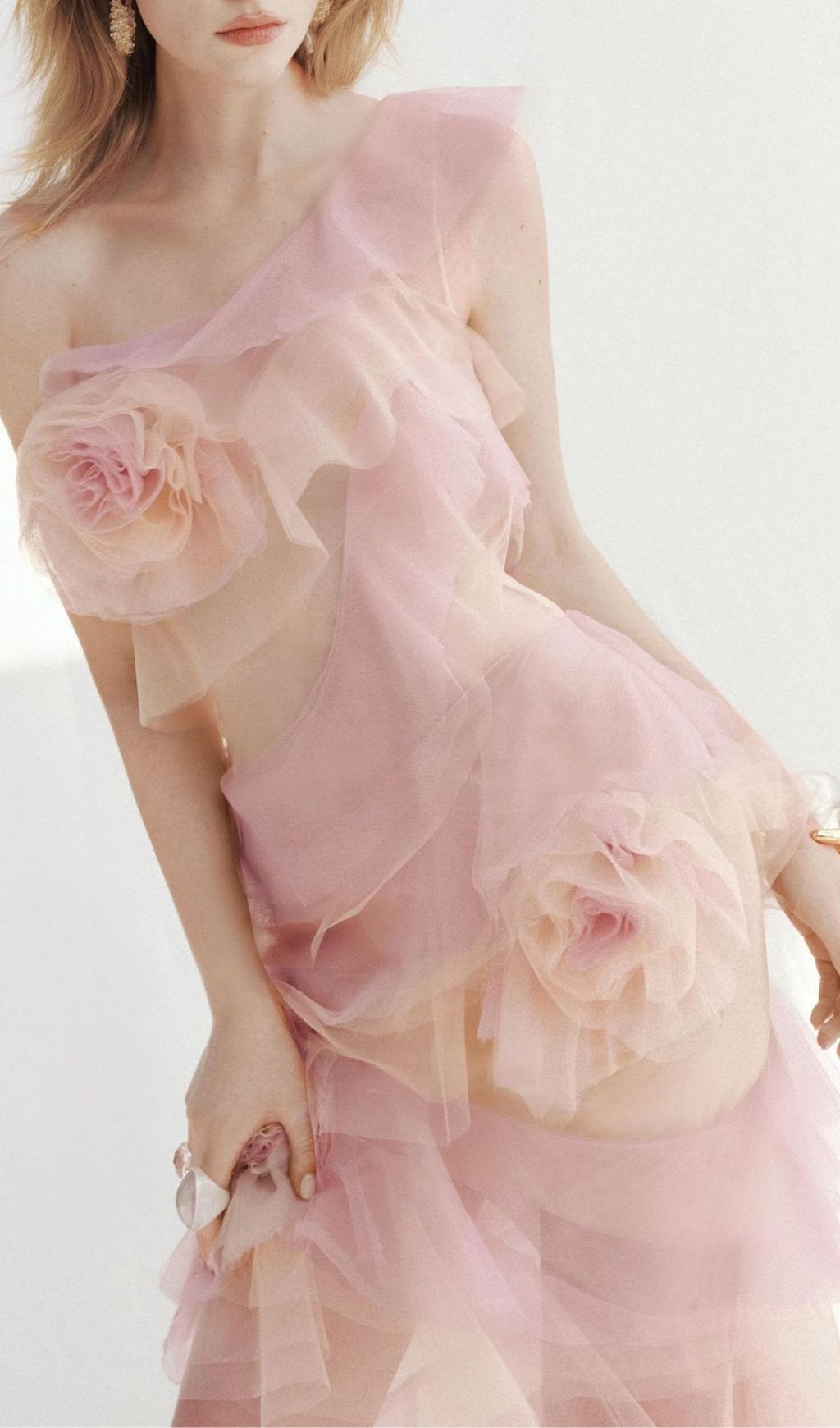 Kline Gradient Pink Ruffle Mesh Flower Maxi Dress