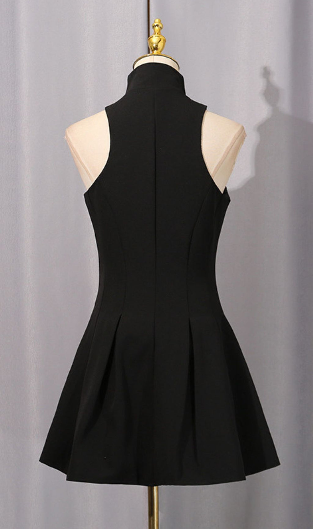 Idola Black High-Neck Mini Dress | Statement Gold Zipper Sleeveless LBD