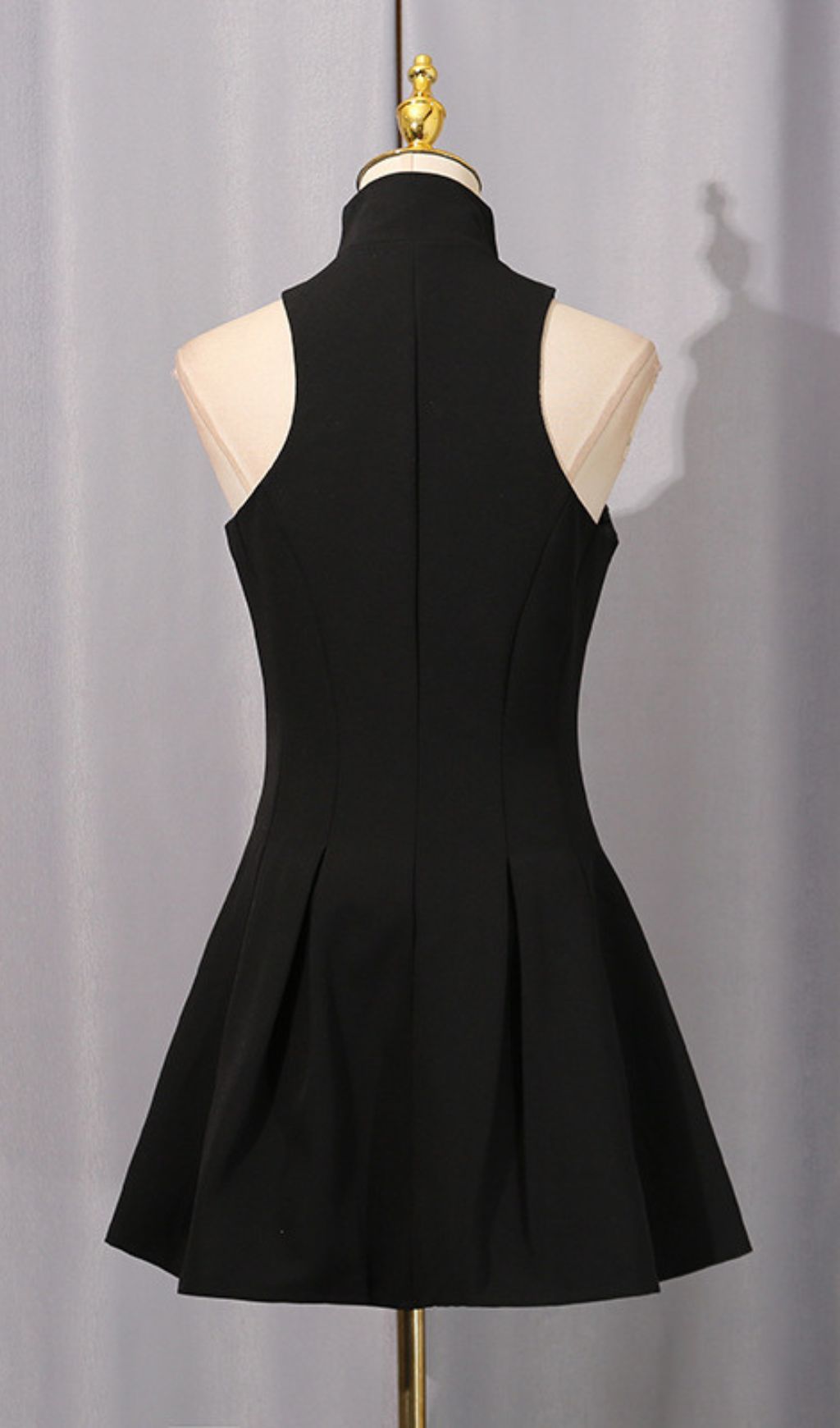 Idola Black High-Neck Mini Dress | Statement Gold Zipper Sleeveless LBD