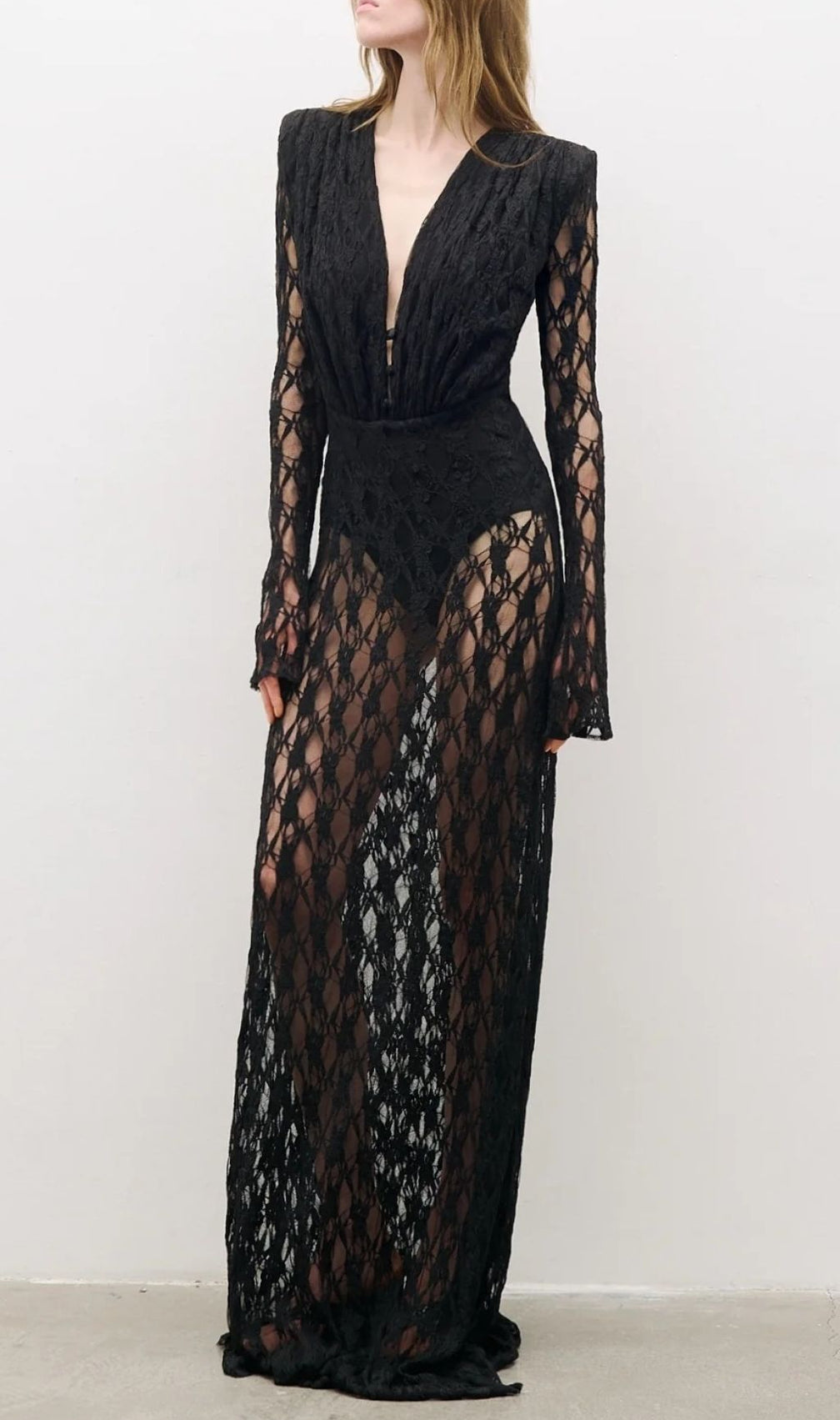 Jemma Black Sheer Lace Maxi Dress | Deep V-Neck Long Sleeve Evening Gown