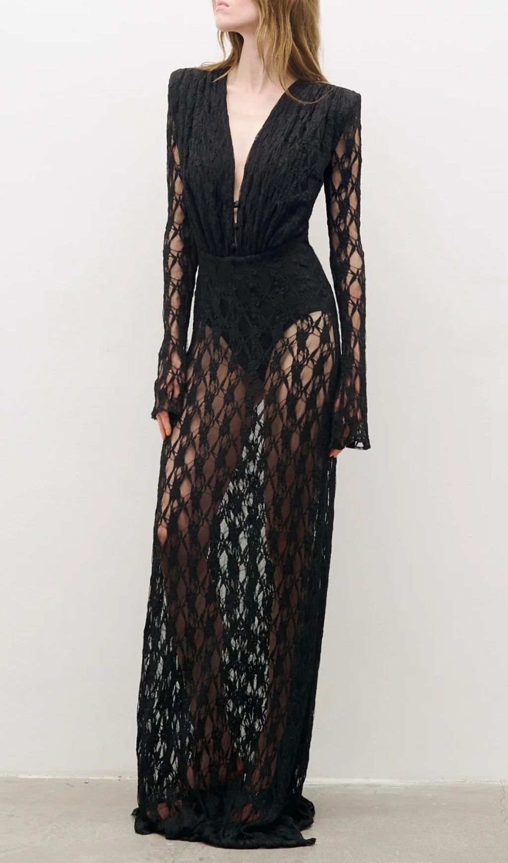 Jemma Black Sheer Lace Maxi Dress | Deep V-Neck Long Sleeve Evening Gown