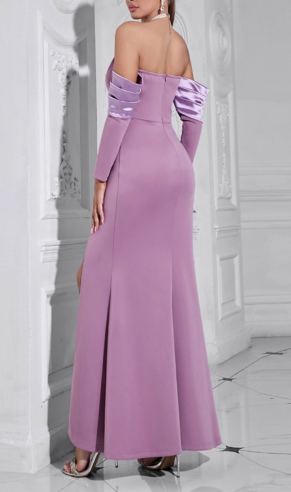 Boomer Purple Pearl Halter Long Sleeve Maxi Dress