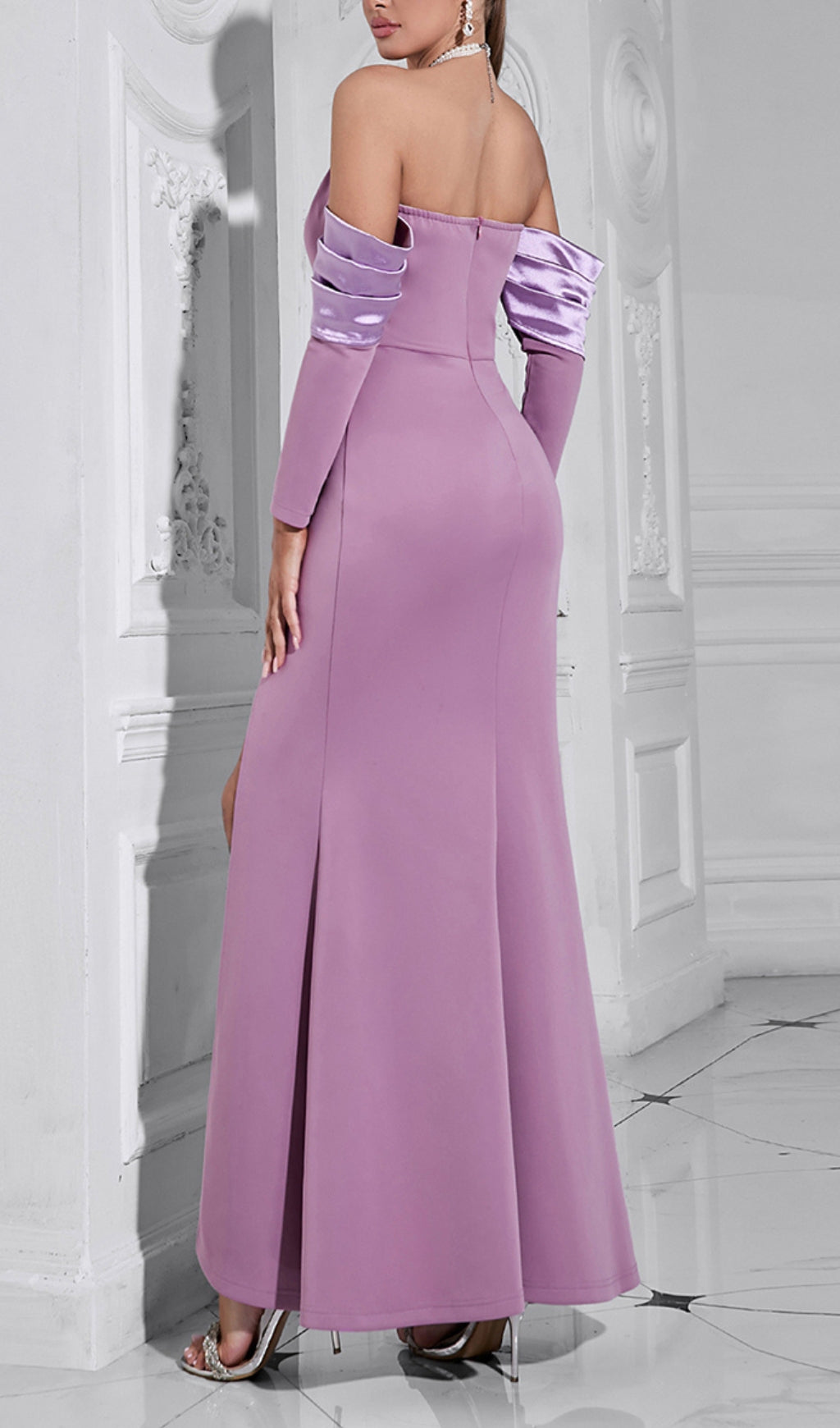 Boomer Purple Pearl Halter Long Sleeve Maxi Dress