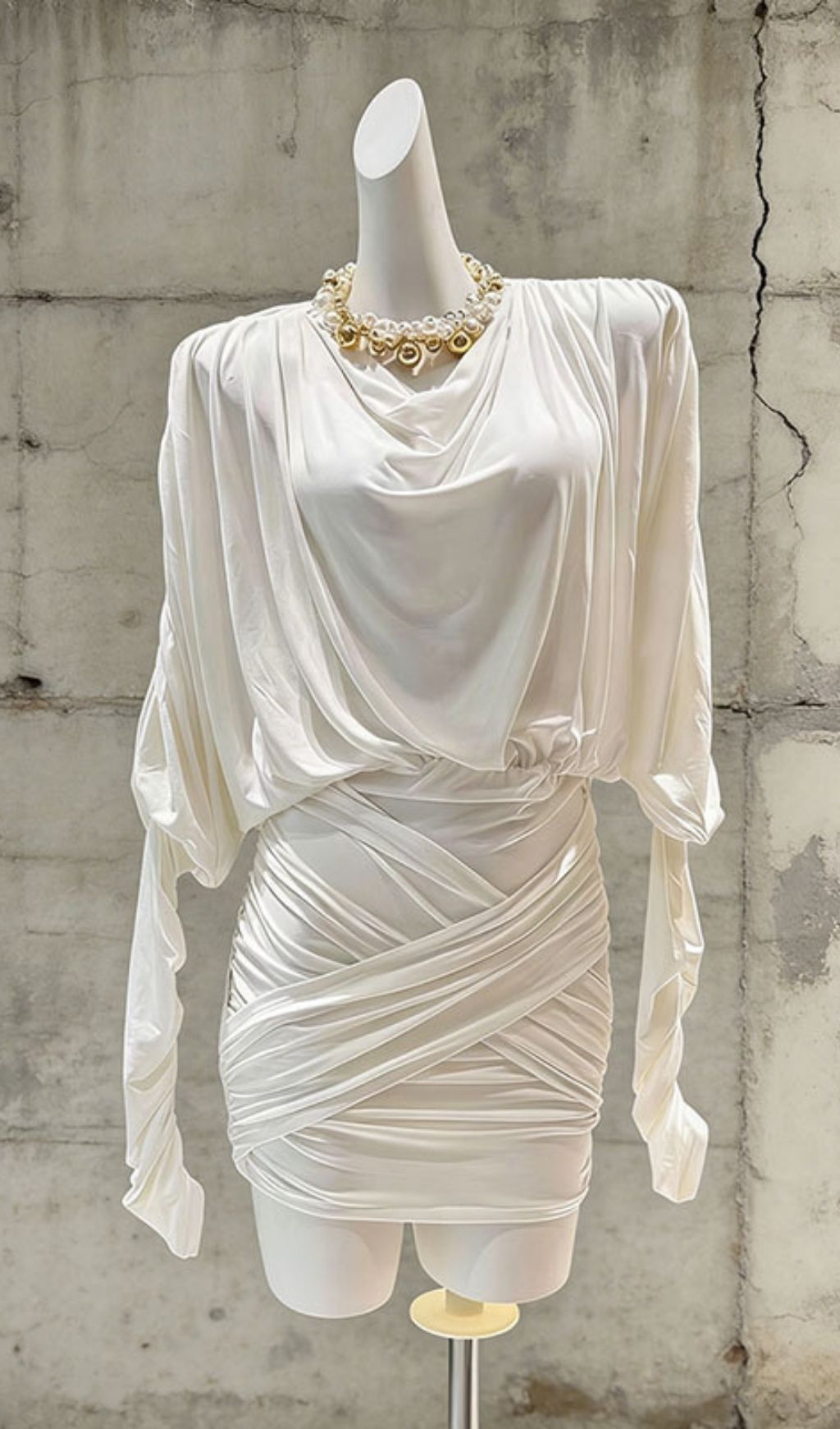 Kasa White Draped & Ruched Long Sleeve Mini Dress - Elegant & Chic