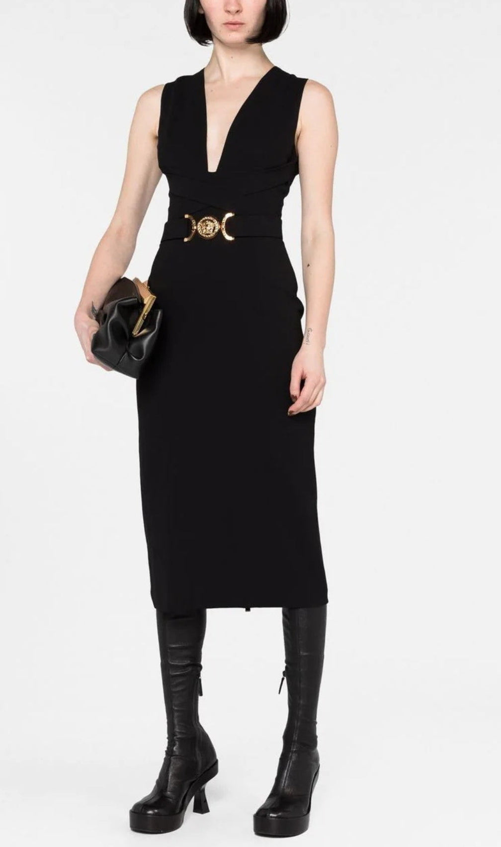 Buffy Black Gold Belt Bandage Midi Dress