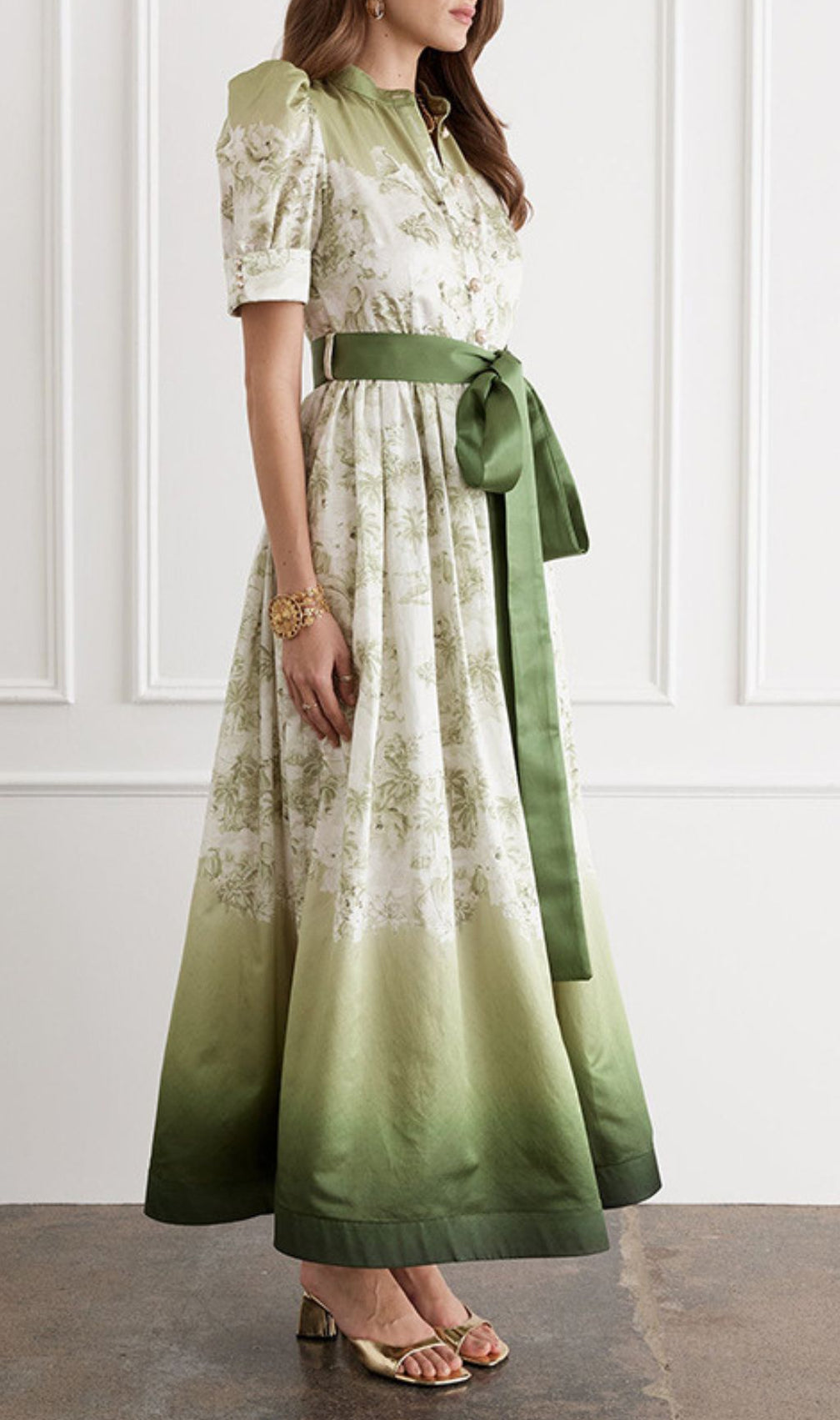 Ilys Green Ombre Floral Print Maxi Dress with Tie Waist