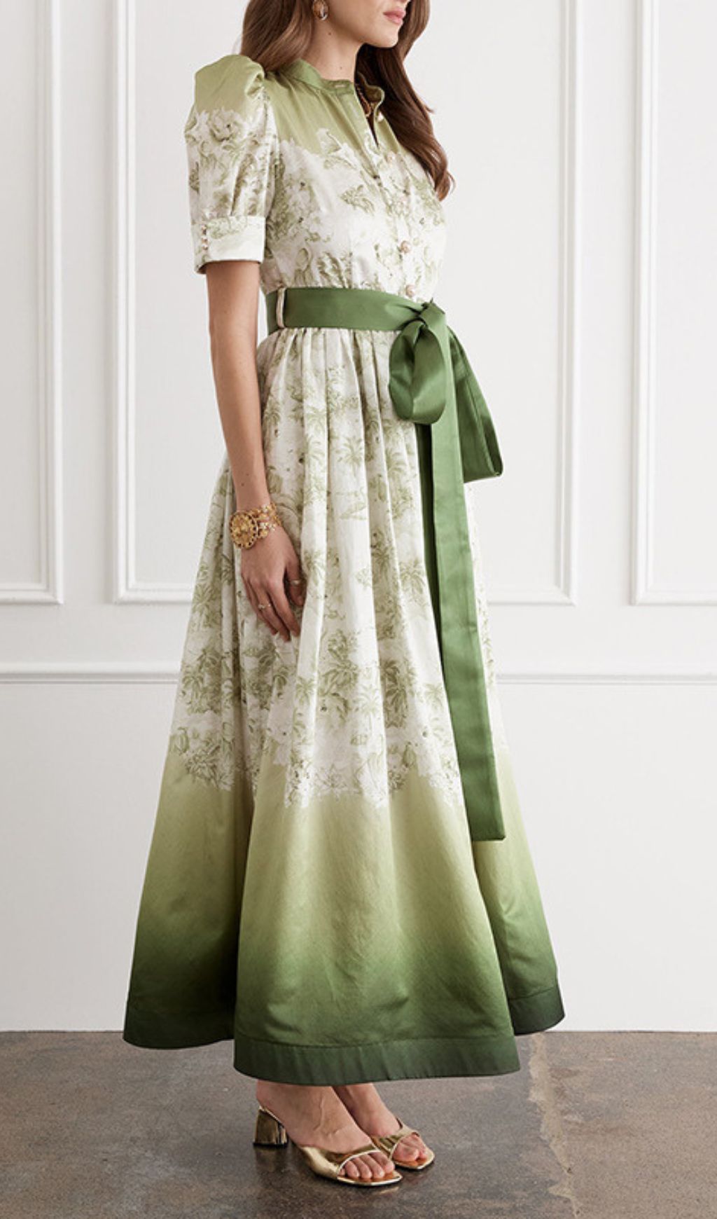 Ilys Green Ombre Floral Print Maxi Dress with Tie Waist