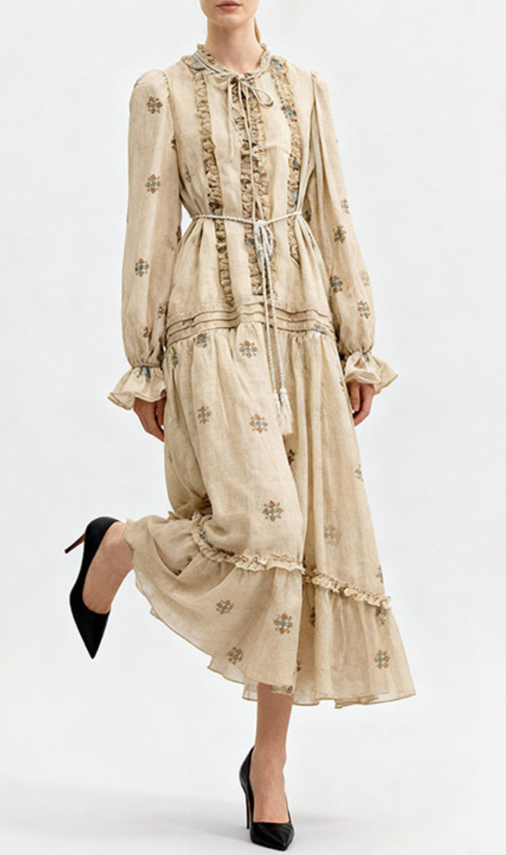 Indiya Artisan Print Midi Dress | Elegant Boho Long Sleeve Tiered Dress