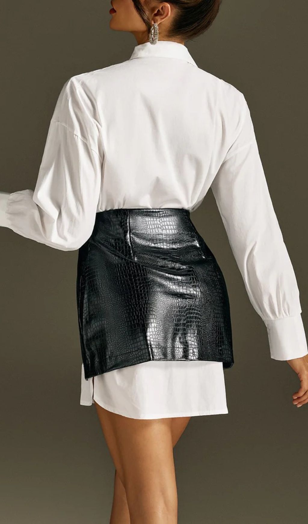 Chic White Button-Down Shirt & Croc Faux Leather Mini Skirt Set - Modern Womenswear