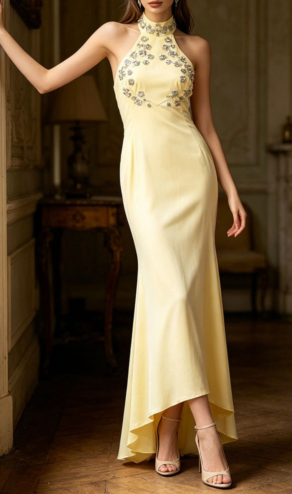 Lacy Yellow Halter Diamante Maxi Dress