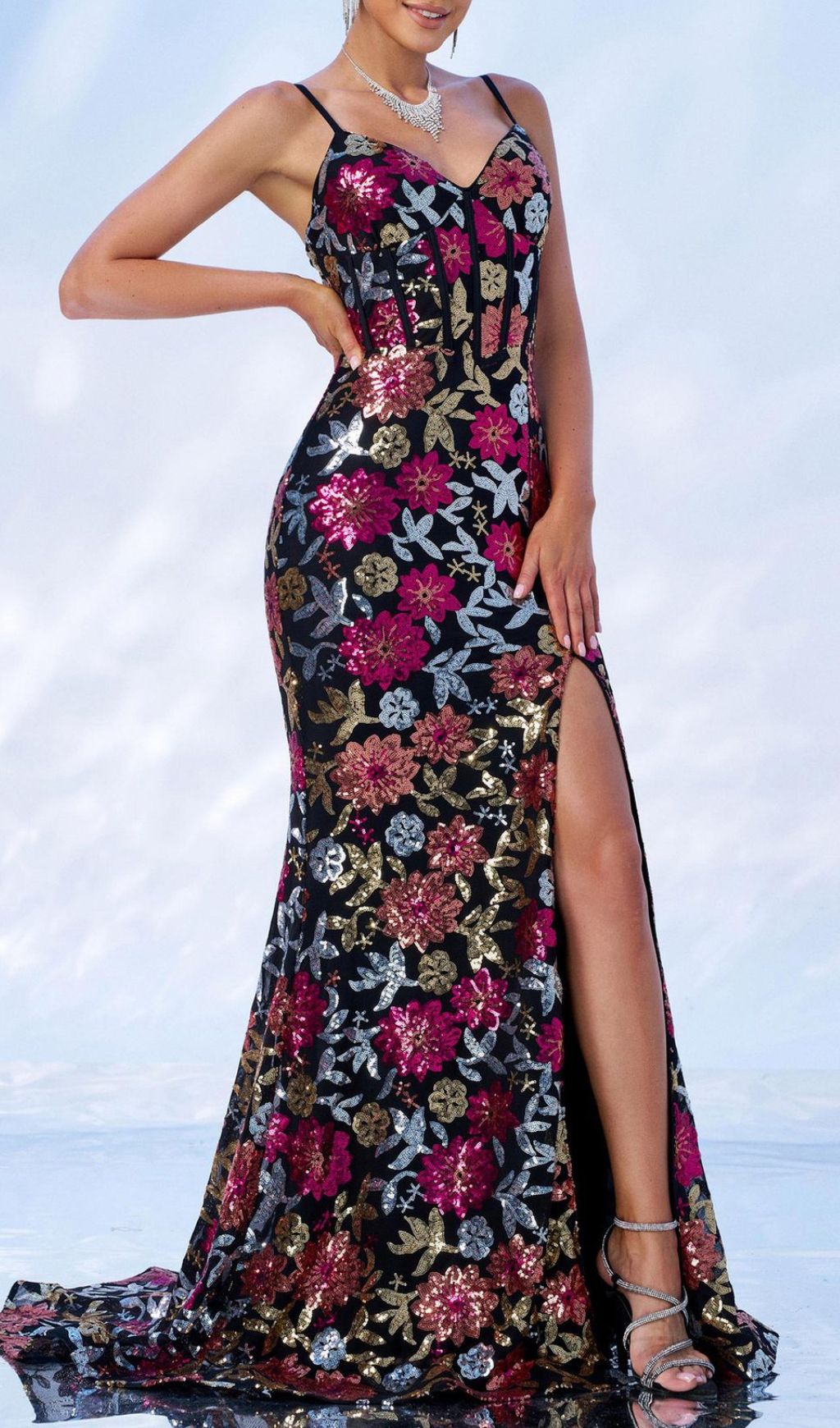 Fidelia Corset Flower Sequin Maxi Dress