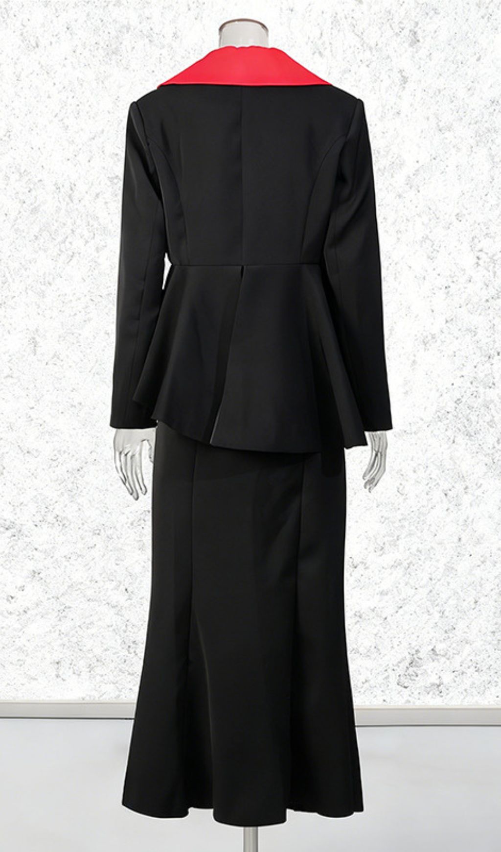 Janiya Black Peplum Blazer & Maxi Skirt Set with Dramatic Red Feather Accent