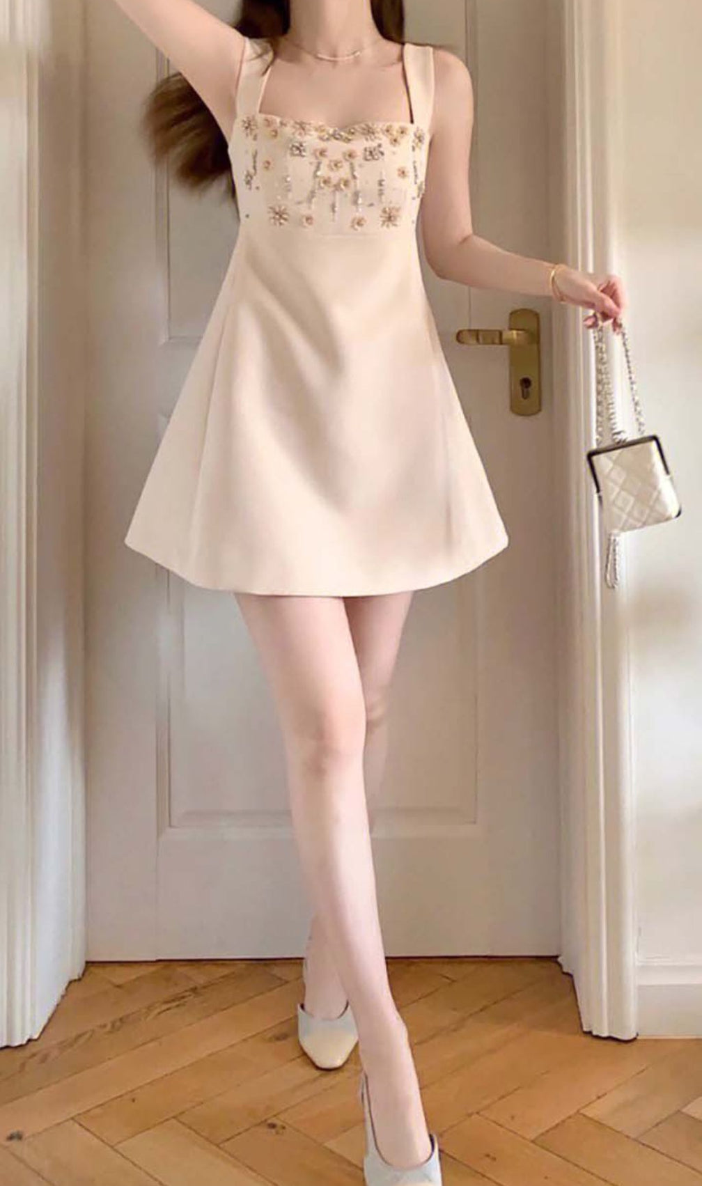 Strappy Crystal Embellished Mini Dress In Beige