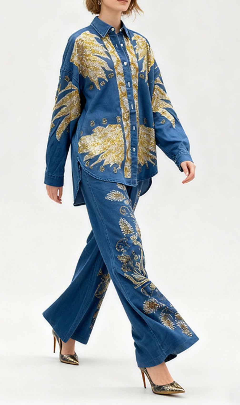 Jaclyn Embroidered Denim Two-Piece Set | Boho Wide-Leg Pants & Top