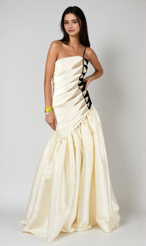 SARA Chic Black & White Satin Maxi Gown with Braided Side Detail - Elegant Evening Dress