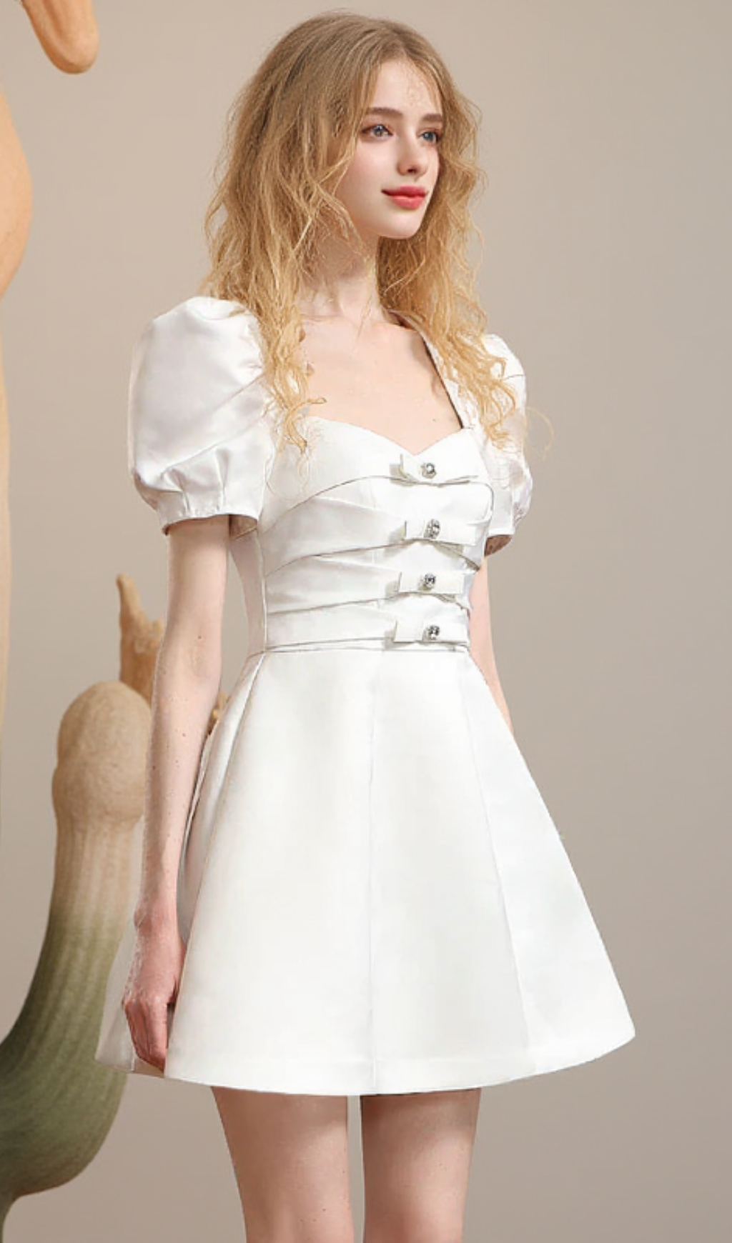 Ribbon Puff-sleeve Princess A-line Derss in white