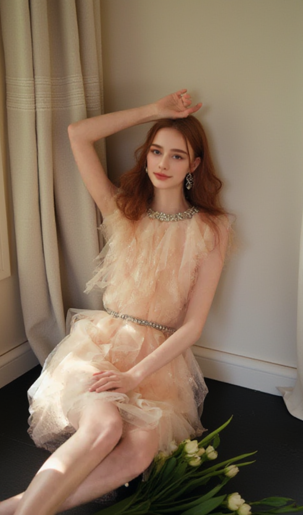 Crystal Embellished Ruffle mini Dress in pale pink