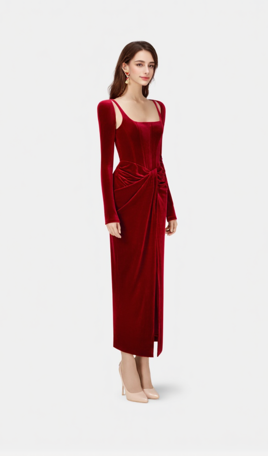 Bordeaux Velvet Draped midi Dress