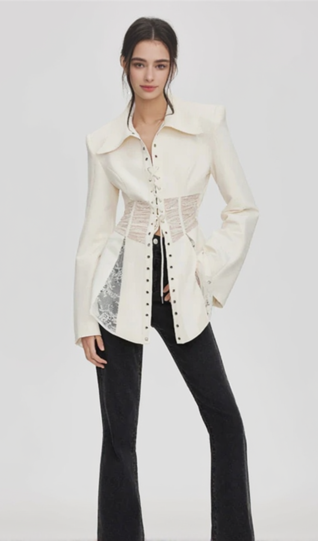 Melany See Through Lace Up Shirt in White