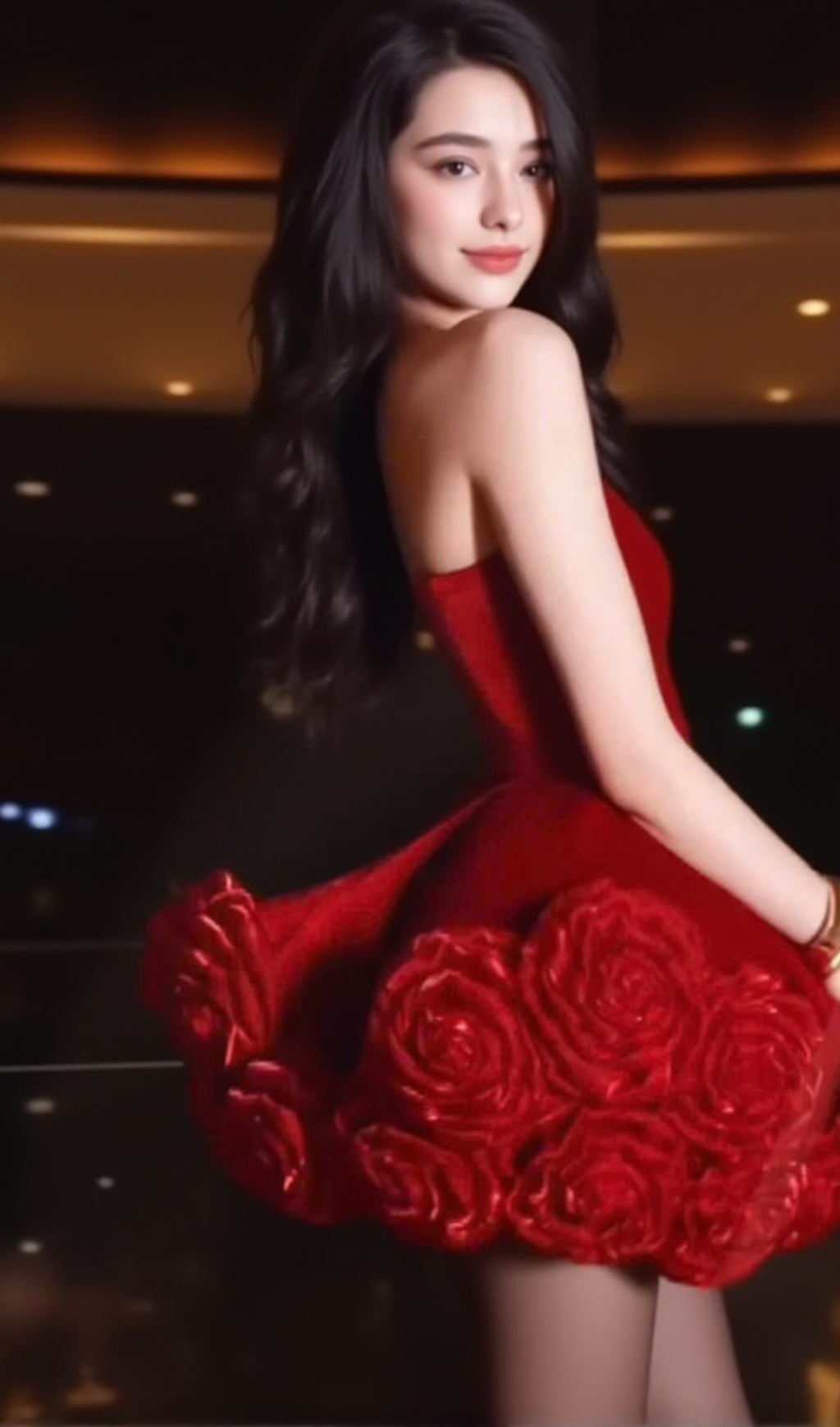 Sebast Flower Strapless Velvet Mini Dress in Red