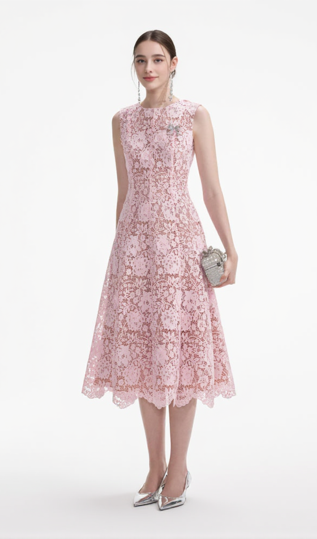 Sequin Floral Lace Midi Dress in pink