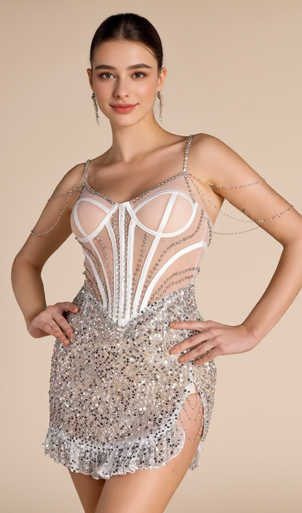 Smot Shoulder Chain Rhinestone Sequin Dress